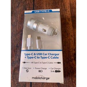 Type-C & USB Car Charger With 4ft Type-C To Type-C Cable